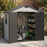 8x4FT Plastic Garden Shed with Floor Window Lockable Door Smoky Grey Wood Grain