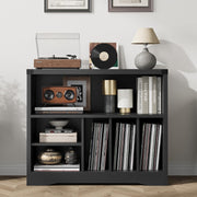 Farmhouse Record Player Stand Wooden Turntable Cabinet w/ 6 Vinyl Storage Cubes