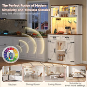 White Tall Kitchen Pantry Cabinet Highboard LED Lights Barn Doors 2 Drawers