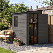 5x4ft Plastic Garden Shed w/ Floor, Window, Lockable Doors, Dark Grey Wood Grain