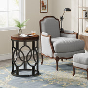 Round End Table, Industrial Side Table with Metal Hollow Frame for Living Room