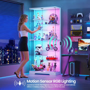 Glass Display Cabinet, 10-Tier RGB LED Curio Cabinet with Human Sensor