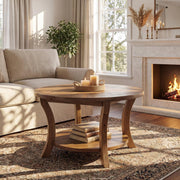 80cm Modern Round Solid Wood Coffee Table with Storage Shelf for Living Room