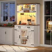 White Tall Kitchen Pantry Cabinet Highboard LED Lights Barn Doors 2 Drawers