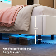 Floating Double Bed Frame w/ LED Lights & Upholstered Headboard,Charging Station