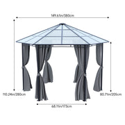 3.8m Hexagon Gazebo with Curtains & Polycarbonate Roof Outdoor Garden Pavilion