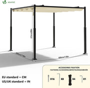 3x3m Metal Pergola with Retractable Roof & Sun Shade Canopy, Beige Patio Gazebo
