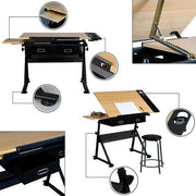 Art Craft Desk Drafting Table with 2 Drawers and Stool Height/ Tiltable Tabletop