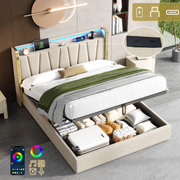 4FT6 Double Ottoman Bed Beige Linen LED USB Type-C Charging Storage Bed