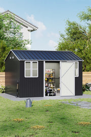 12 x 10FT Galvanised Garden Tool Storage Shed with Lockable Door, Double Windows