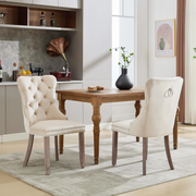 Set of 2 Dining Chairs !SALE! Beige Velvet Button Tufted Upholstered Wood Legs