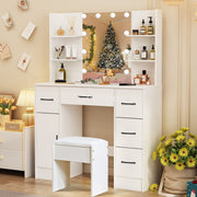 White Dressing Table Stool Makeup Desk with LED Mirror and 5 Drawers & 4 Shelves