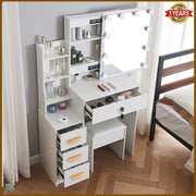 Dressing Table With Led Mirror 4 Drawers Vanity Makeup Desk Stool Set White