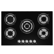 OYAJIA 77cm Black 5 Burner Gas On Glass Hob With Cast Iron Pan Stands