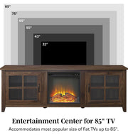 Large 70 Inch TV Stand with Electric Fireplace | Dark Walnut | Farmhouse Glass D