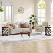 Round End Table, Industrial Side Table with Metal Hollow Frame for Living Room