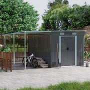 Grey Metal Garden Shed Tools Bikes Storage House with Side Canopy, 345x280x181cm