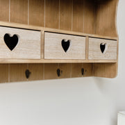 Large Rustic Wooden Wall Shelving Unit with Heart Drawers & Storage Hooks
