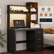 Home Office Desk with Hutch and Drawers Computer Desk with Power Outlets and LED