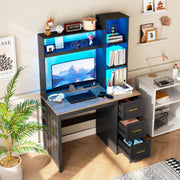Home Office Desk with Hutch and Drawers Computer Desk with Power Outlets and LED