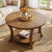 80cm Modern Round Solid Wood Coffee Table with Storage Shelf for Living Room