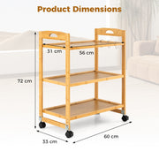 3-Tier Storage Rolling Cart Bamboo Utility Cart w/4 Universal Wheels
