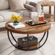Round Coffee Table, Industrial 2-Tier Circle Coffee Table with Storage Shelves