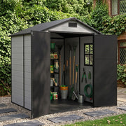 8x6 6x6 5x3 Plastic Garden Shed with Floor Window Lockable Door Wood Grain Grey