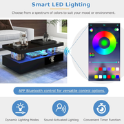 Coffee Table LED Black High Gloss 2 Drawers Glass Storage RGB Lights App Control