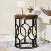 Round End Table, Industrial Side Table with Metal Hollow Frame for Living Room
