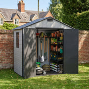 8x4FT Plastic Garden Shed with Floor Window Lockable Door Smoky Grey Wood Grain