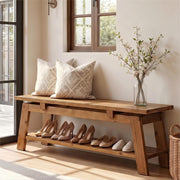55.12 Inch Modern Solid Wood Entryway Bench with Shoe Storage Shelf for Hallway
