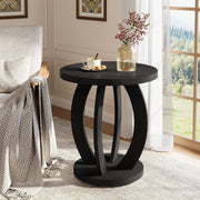Wood Round End Table Rustic Side Table Accent Table with Storage for Small Space