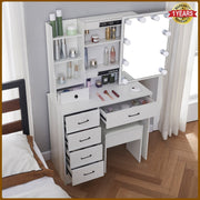 Dressing Table with Mirror, 10 LED Lights, Drawers, Stool Set Makeup Desk Vanity