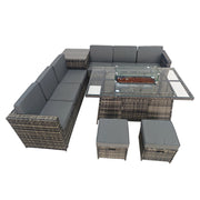 8-Seater Rattan Furniture Set with Fire Pit Table and Side Table & Stool Grey