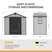 8x4FT Plastic Garden Shed with Floor Window Lockable Door Smoky Grey Wood Grain