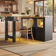 360° Dining Bar Table Kitchen Island, With Storage Cabinet & LED Lights, Black