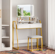 MONDEER Dressing Table Makeup Desk Vanity Set w/ LED Light Drawers Padded Stool