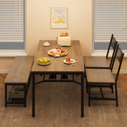 4-Piece Grey Dining Set for 4, Rectangular Table, 2 Chairs & Bench W/ Wine Rack