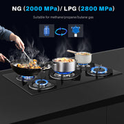 OYAJIA 77cm Black 5 Burner Gas On Glass Hob With Cast Iron Pan Stands