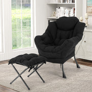 Lazy Chair Modern Accent Chair with Ottoman & Folding Footrest-Black
