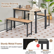 3 PCS Natural Table Set Dining Table & 2 Benches Kitchen Space-Saving Furniture