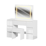 White Dressing Table High Gloss Vanity Makeup Desk 7 Drawers& Stool& LED Mirror