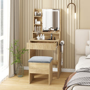 Modern Dressing Table Stool Set with LED Lights Mirror Vanity Makeup Desk Drawer