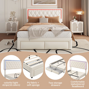 Double Bed Frame 4ft6 Beige 16-Colour LED Headboard 2 Drawers Iron 135x190cm