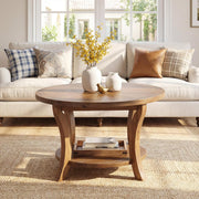 80cm Modern Round Solid Wood Coffee Table with Storage Shelf for Living Room