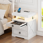 Bedside Table with Charging Station, Smart End Table with 3-Colour LED Lights