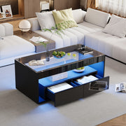 High Gloss LED Coffee Table Glass Top 2 Drawers Open Storage 100x50x40cm Black