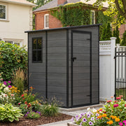 5x4ft Plastic Garden Shed w/ Floor, Window, Lockable Doors, Dark Grey Wood Grain
