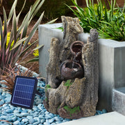Solar Walnut Log Fountain Outdoor Water Feature Waterfall LED Light Garden Decor